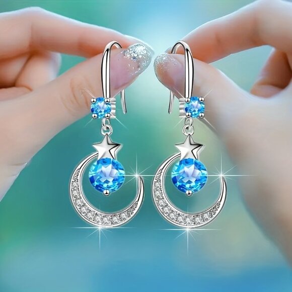 “Lunar Glow” Blue Crystal Moon & Star Drop Earrings - Picture 5 of 6